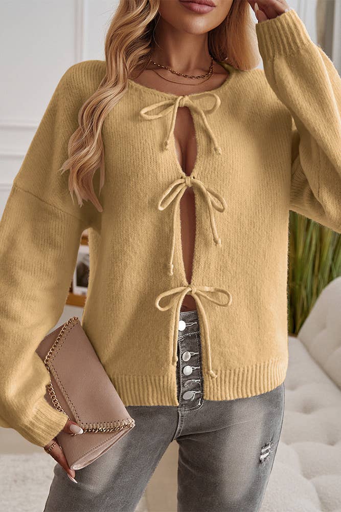 Solid Color Lace Up Front Open Cardigan DY206: Apricot / M