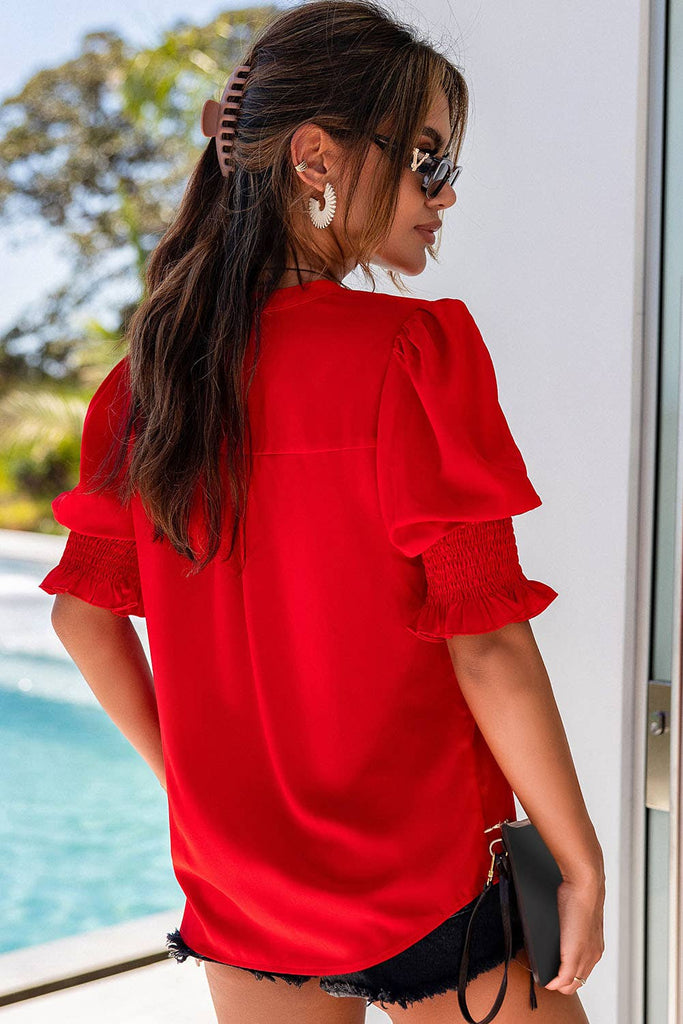 Solid Color Half Sleeve V Neck Blouse: Black / red S