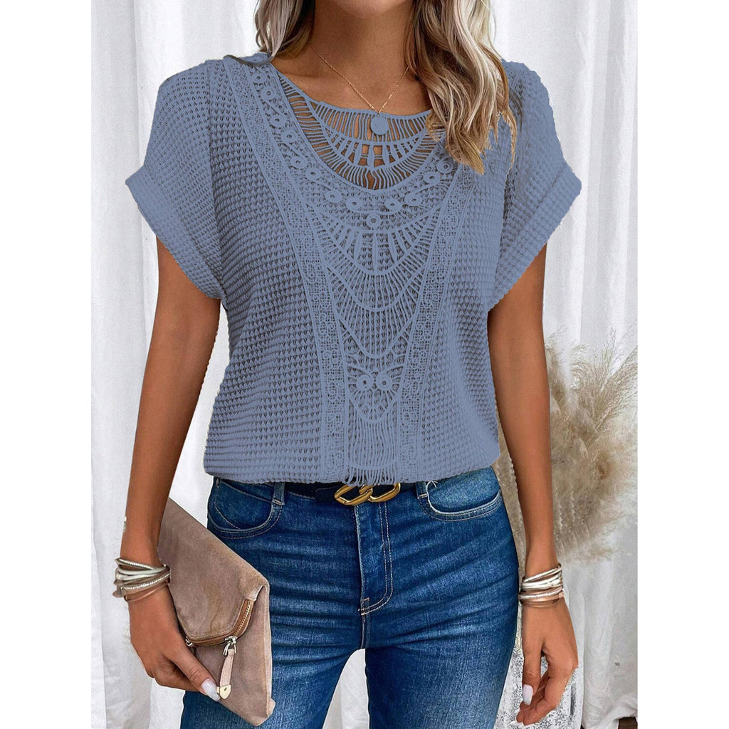 Lace Patchwork Short Sleeved Top: Blue / L