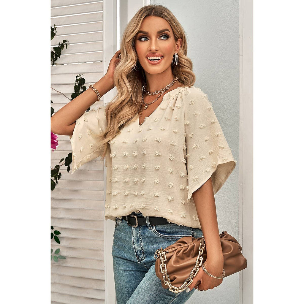 Solid Polk Dot V Neck Loose Fit Top: BEIGE / L