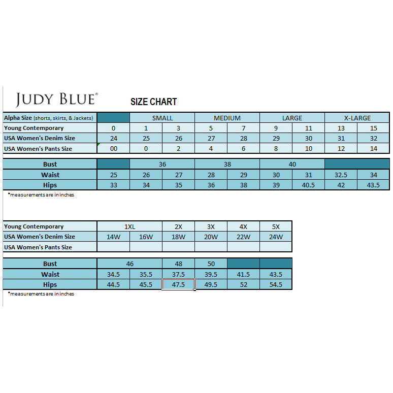 Judy Blue Size Chart