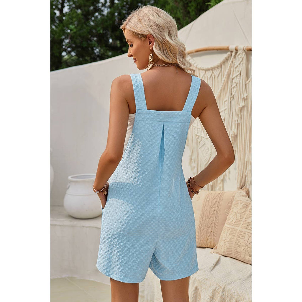 Sleeveless Square Neck Solid Pockets Loose Romper: Sky Blue / L