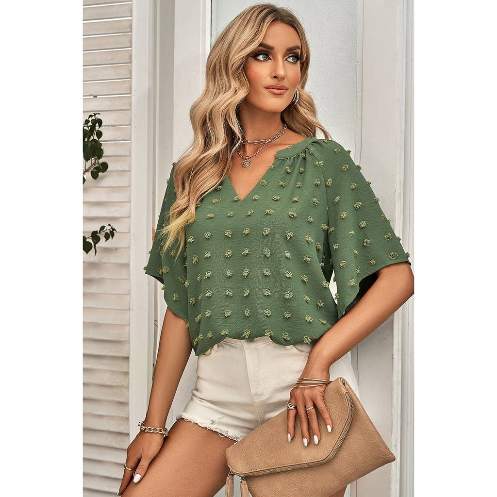 Solid Polk Dot V Neck Loose Fit Top: BEIGE / L