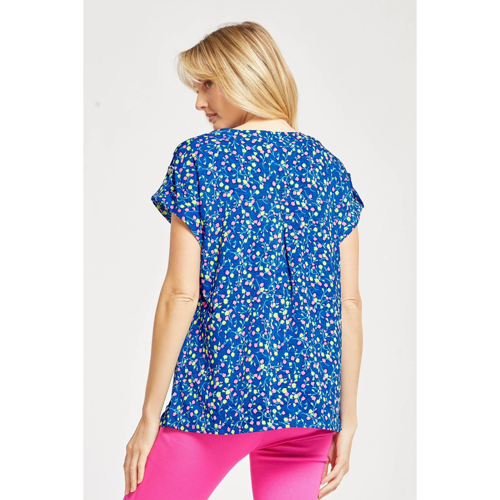 Blue Floral Lizzy Dolman Short Sleeve Wrinkle Free Now $26.99