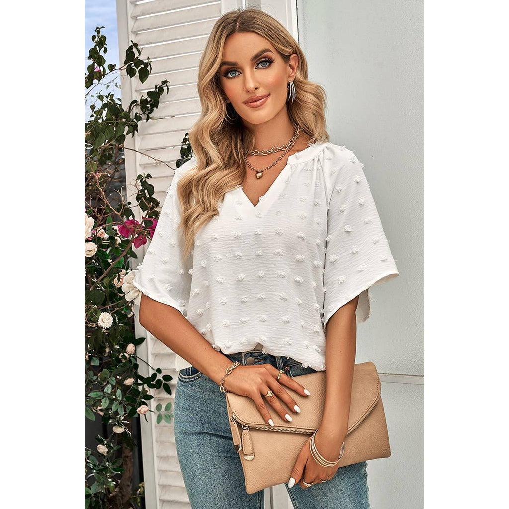 Solid Polk Dot V Neck Loose Fit Top: BEIGE / L