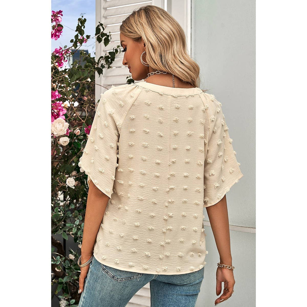 Solid Polk Dot V Neck Loose Fit Top: BEIGE / L