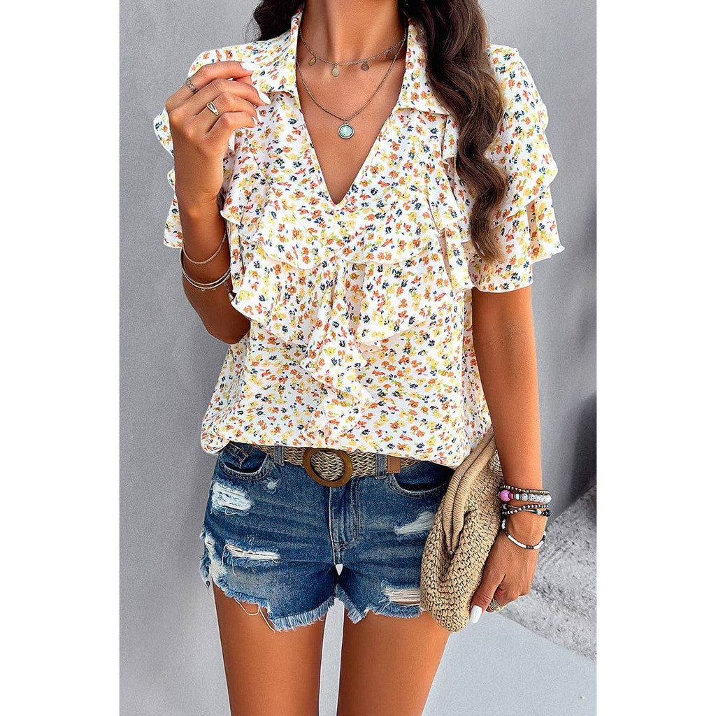 V Neck Heavy Ruffle Ditsy Print Collar Blouse: Light blue / M