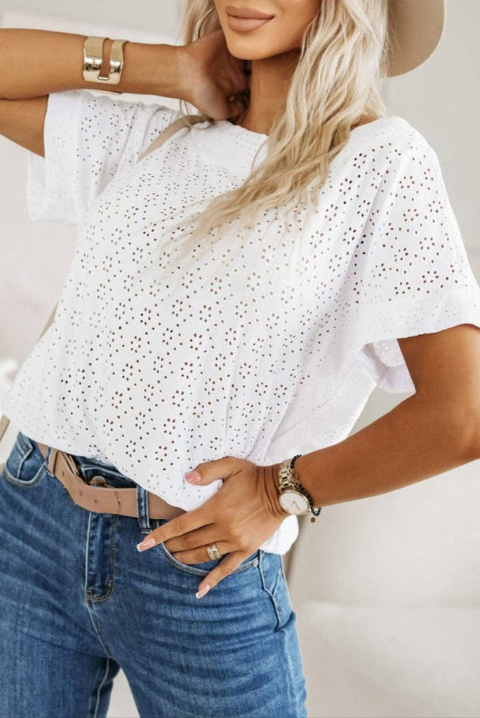 Eyelet Knit Boat Neck Tee: White / M