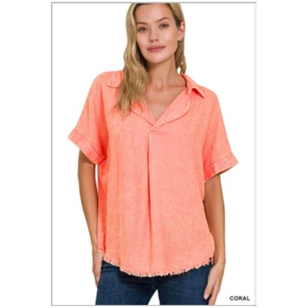 Short Sleeve Linen Raw Edged Tops 3 Colors