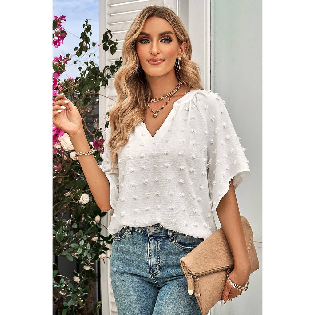 Solid Polk Dot V Neck Loose Fit Top: BEIGE / L