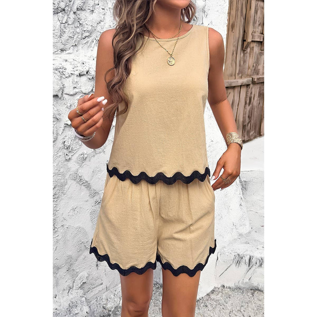 Two Pieces Printed Sleeveless Pockets Shorts Sets: BEIGE / L