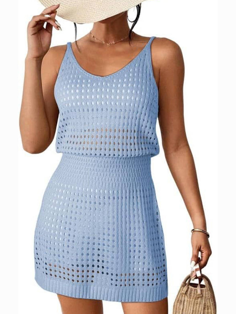 Sexy Hollow Out Beach Dress: Blue / L