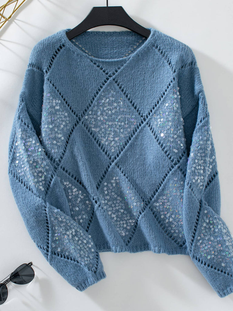 HOLLOWED-OUT SEQUIN PULLOVER SWEATER: BLUE / (S) 1