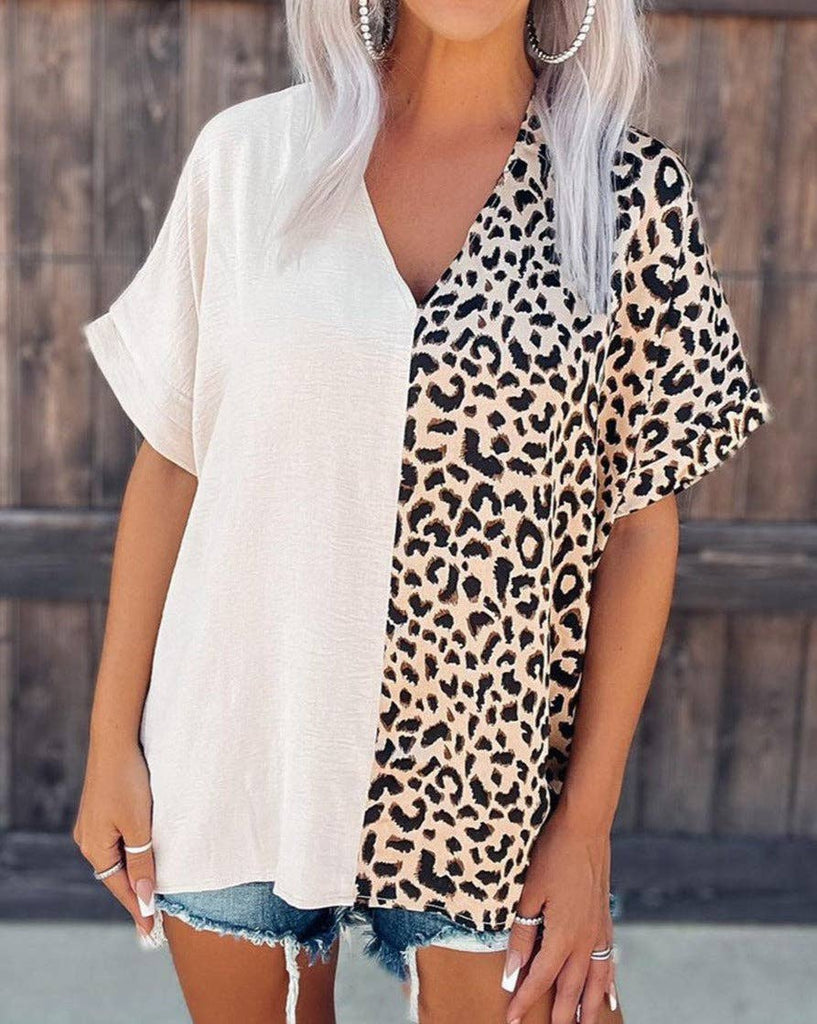 Leopard Colorblock Short Sleeve Blouse: Rose / XL