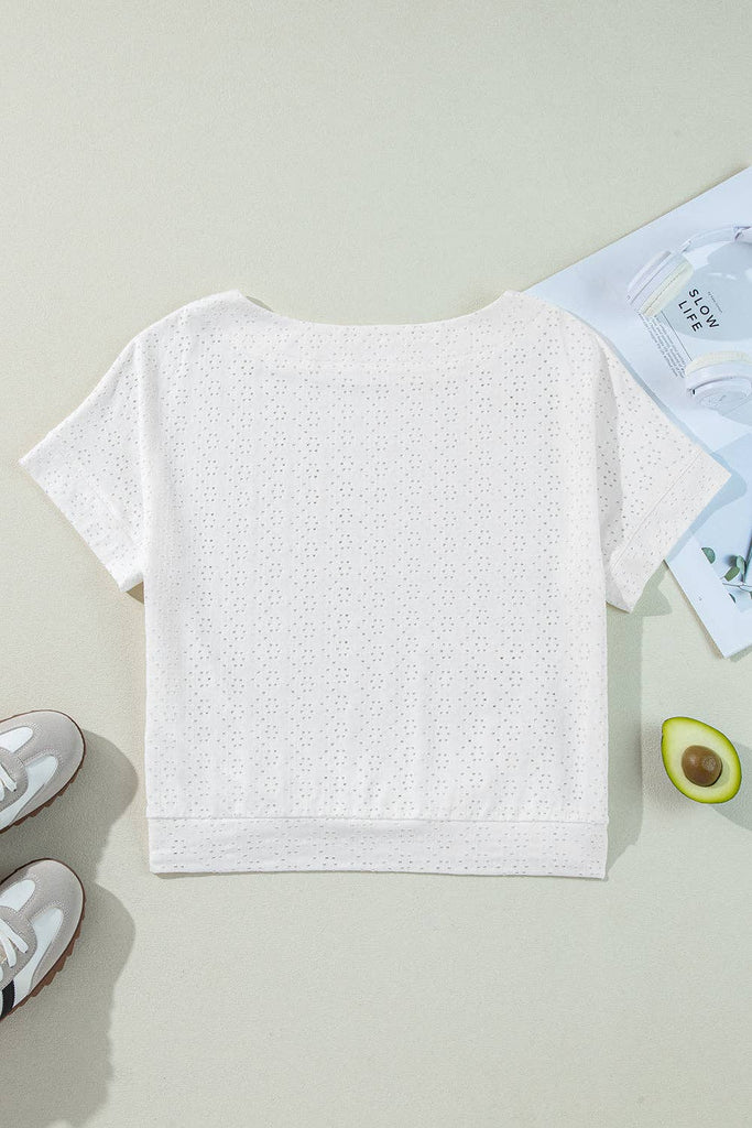 Eyelet Knit Boat Neck Tee: White / M