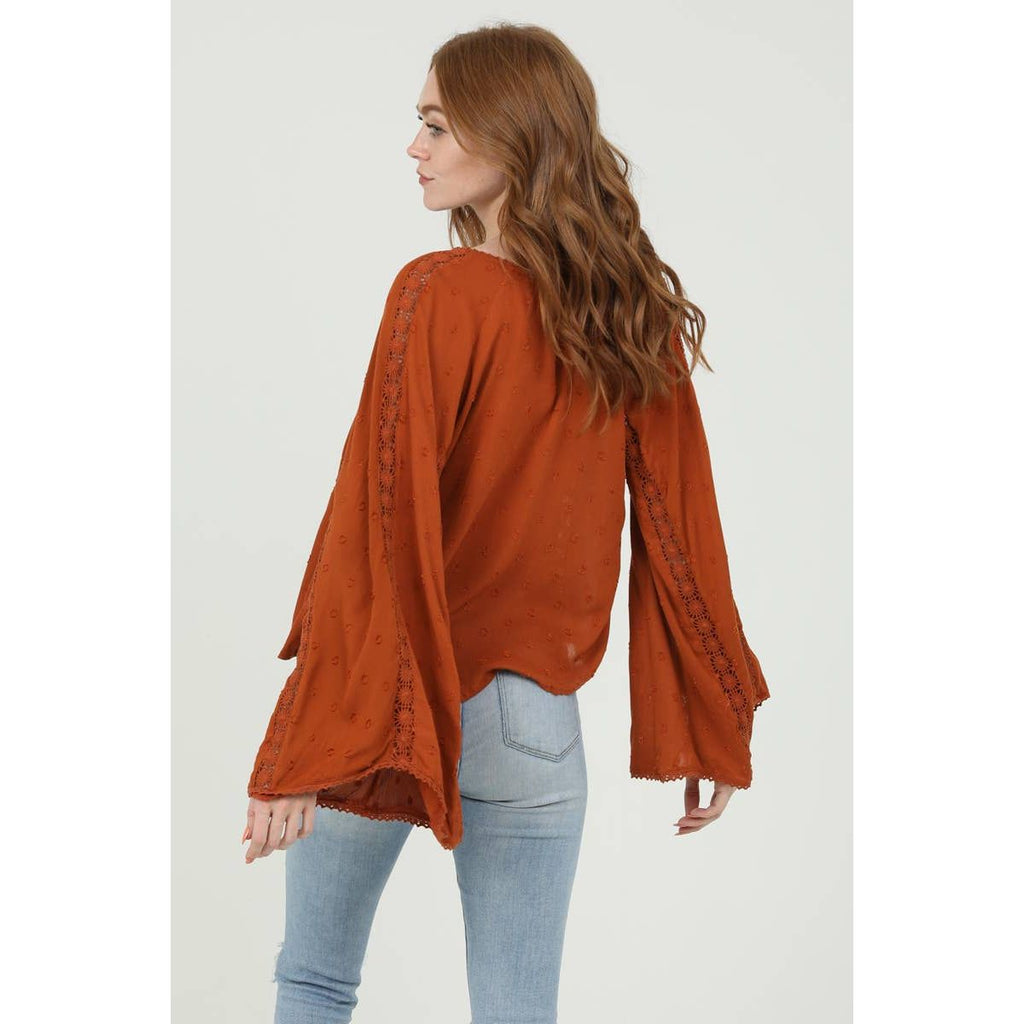 V NECK LACE INSET FLOWY TOP