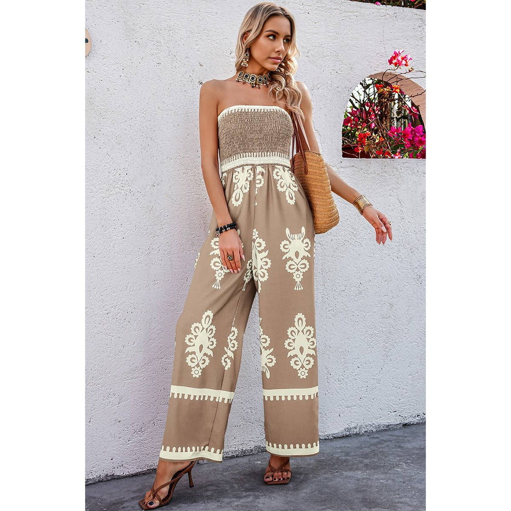 Off Shoulder Ruched Printed High Waist Jumpsuit: BLACK / S