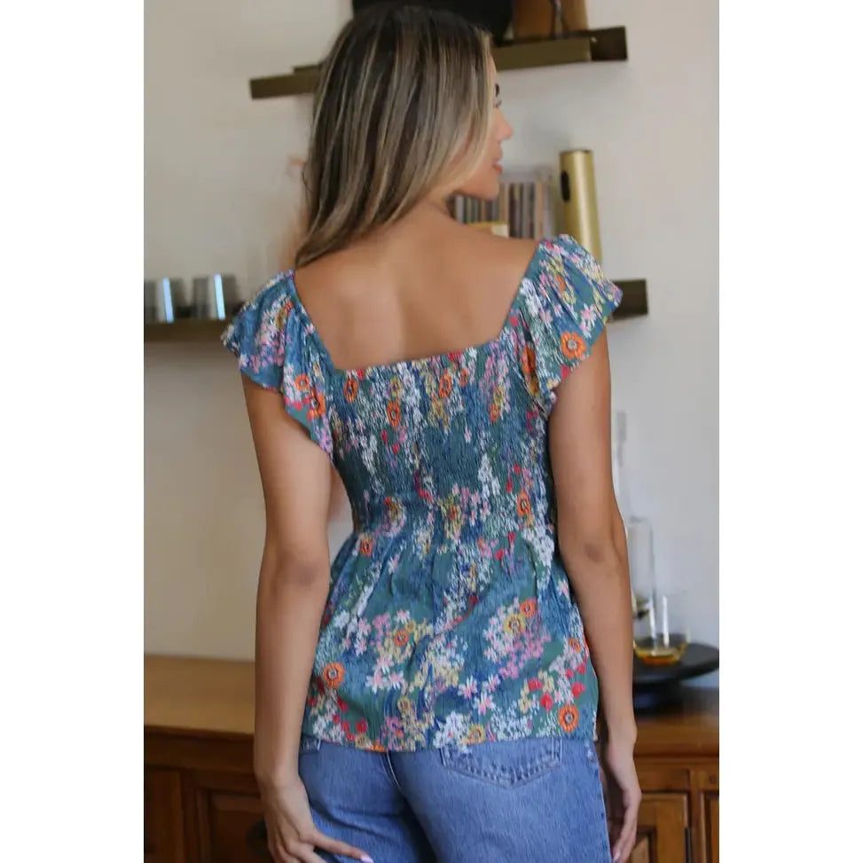 Blue Floral TWIST FRONT CUT OUT FLUTTER SLEEVE TOP Now 25% off