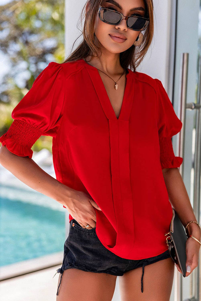 Solid Color Half Sleeve V Neck Blouse: Black /red  M