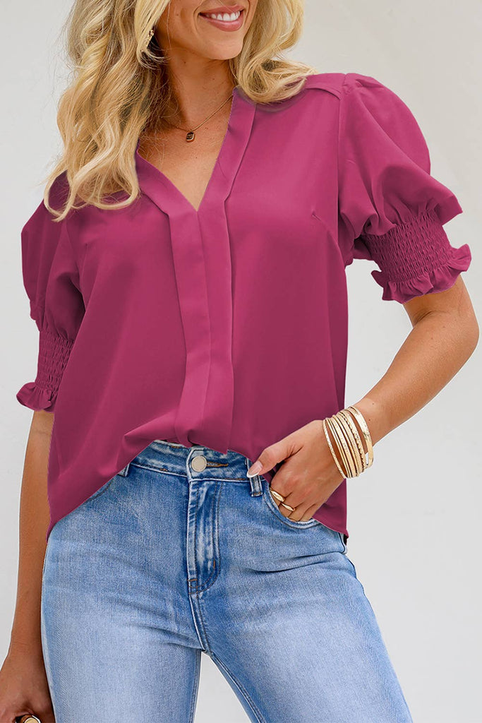 Solid Color Half Sleeve V Neck Blouse: Black /red  M