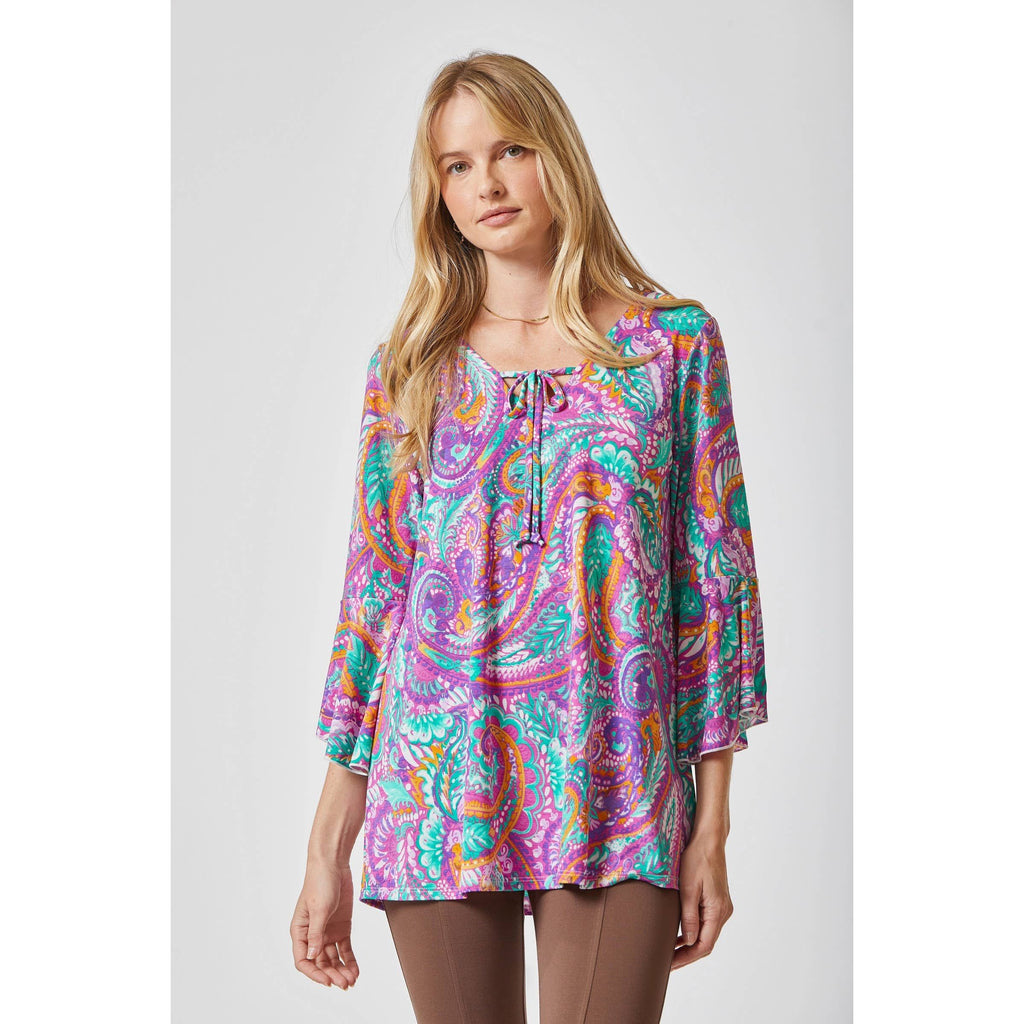 Wrinkle Free Print Top Featuring a V-Neckline: Lavender / S