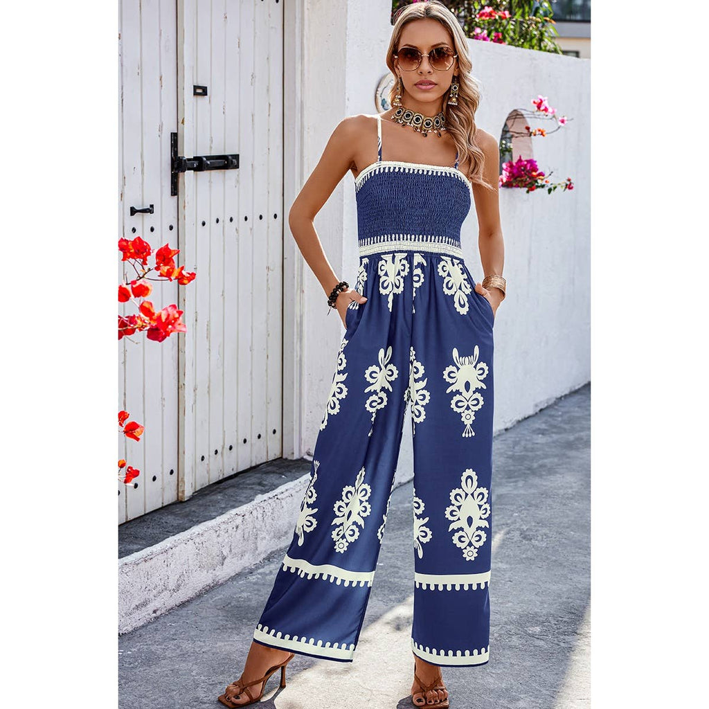 Off Shoulder Ruched Printed High Waist Jumpsuit: BLACK / S