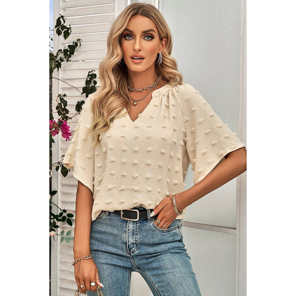 Solid Polk Dot V Neck Loose Fit Top: BEIGE / L