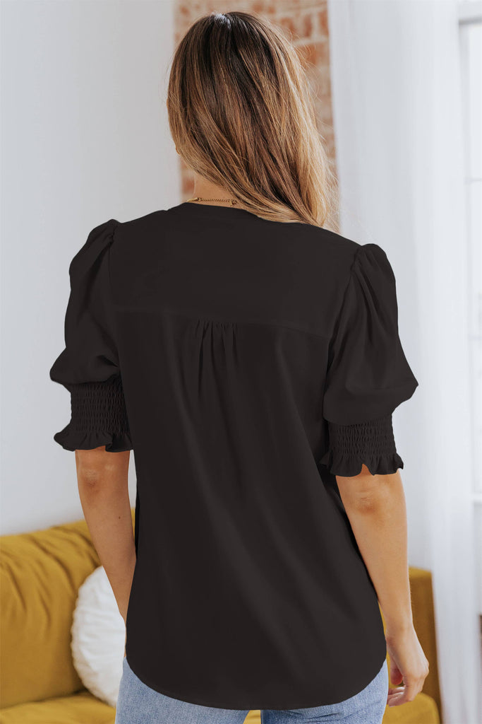 Solid Color Half Sleeve V Neck Blouse: Black / Red