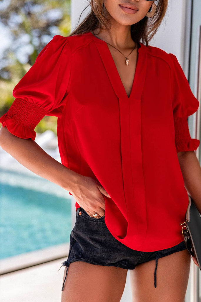 Solid Color Half Sleeve V Neck Blouse: Black /red  M