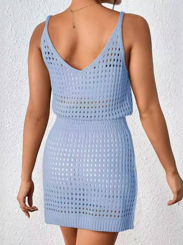 Sexy Hollow Out Beach Dress: Blue / L