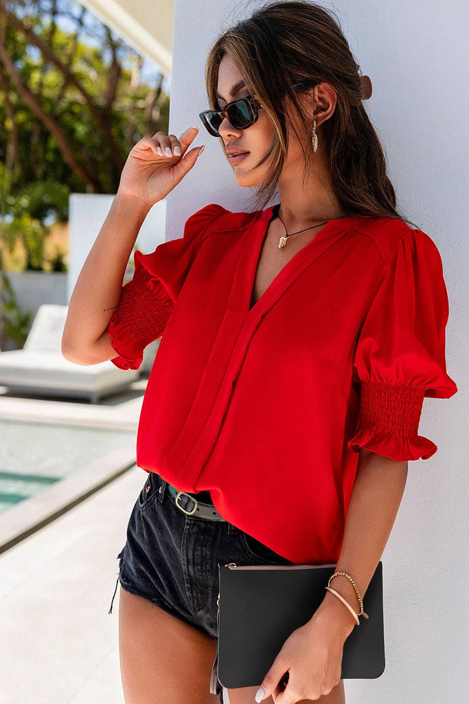 Solid Color Half Sleeve V Neck Blouse: Black / red S