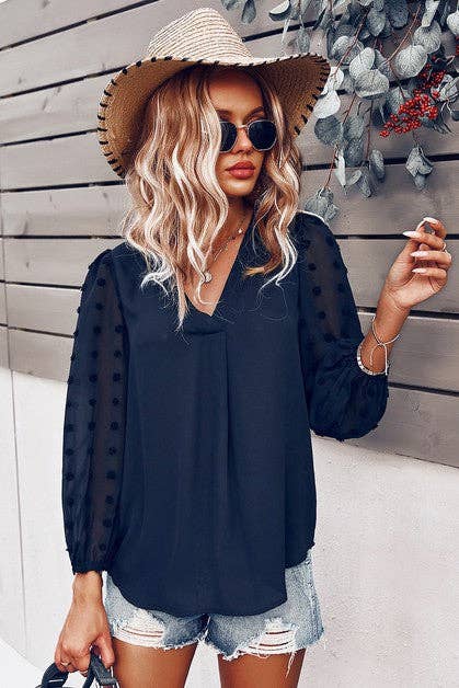 V Neck Solid Long Sleeve Top - Clearance: BLACK / XL