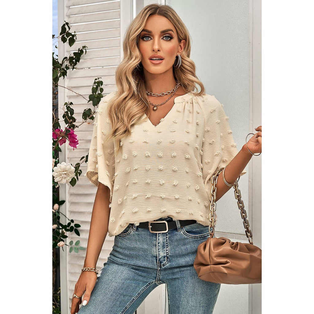 Solid Polk Dot V Neck Loose Fit Top: BEIGE / L