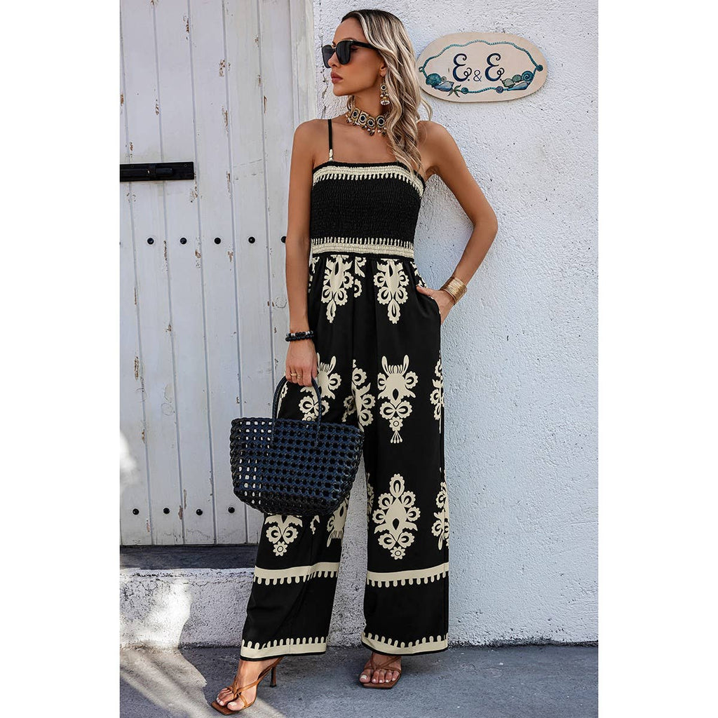 Off Shoulder Ruched Printed High Waist Jumpsuit: BLACK / S