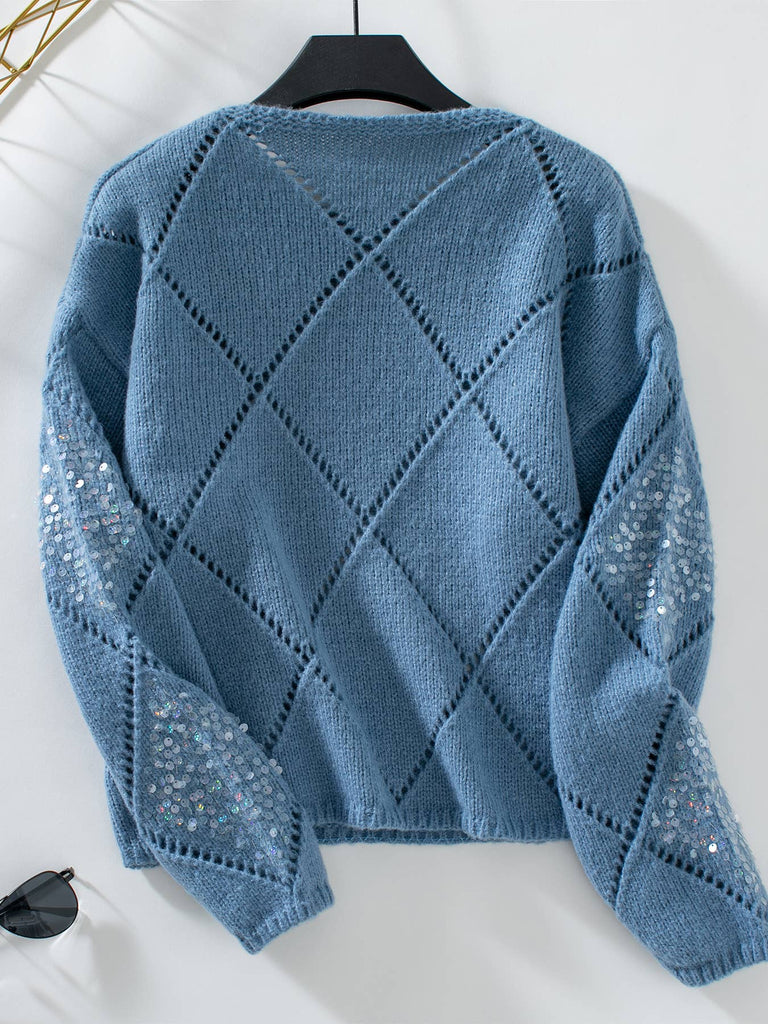 HOLLOWED-OUT SEQUIN PULLOVER SWEATER: BLUE / (S) 1