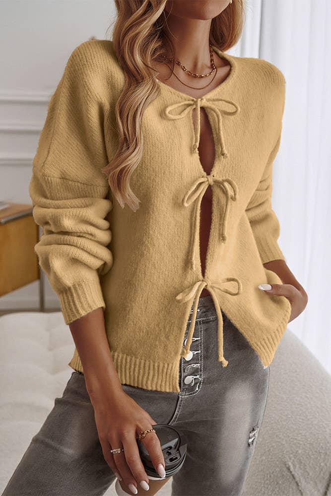 Solid Color Lace Up Front Open Cardigan DY206: Apricot / M