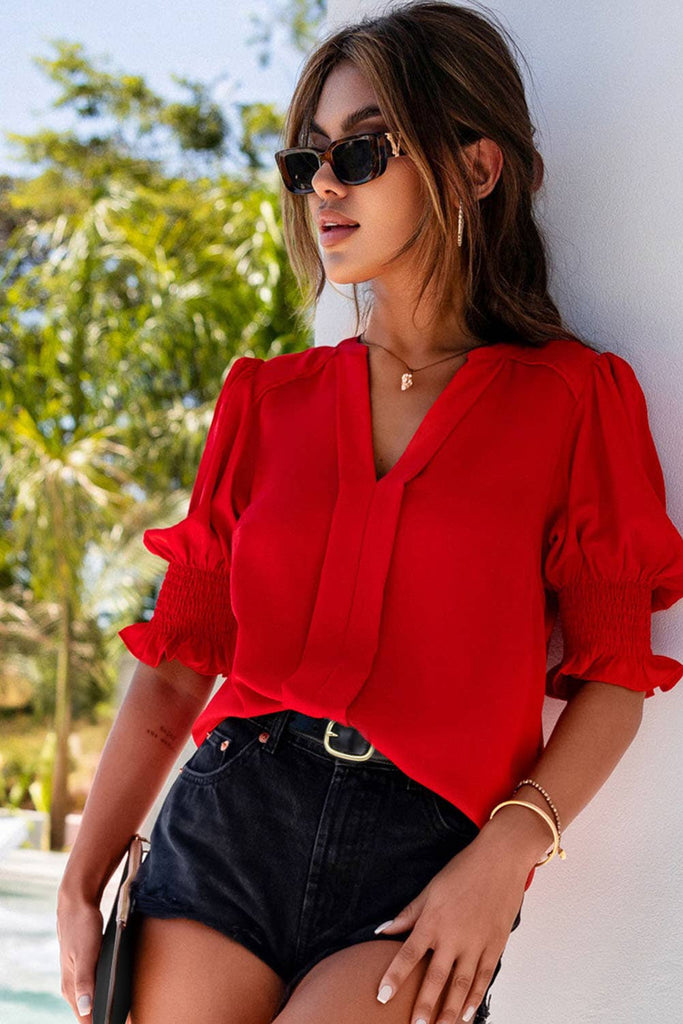 Solid Color Half Sleeve V Neck Blouse: Black / red S