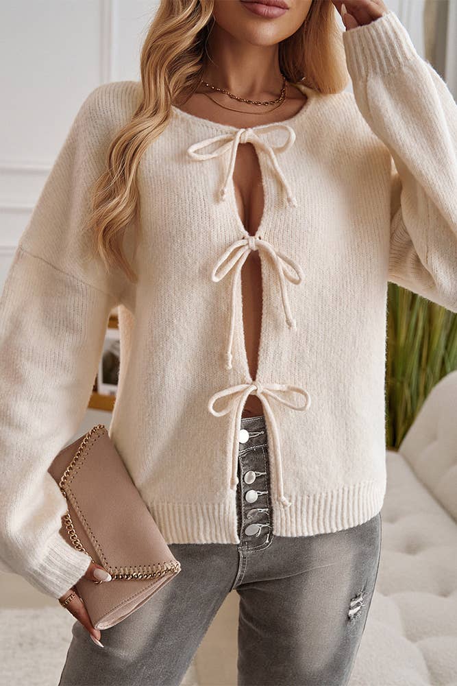 Solid Color Lace Up Front Open Cardigan DY206: Apricot / M