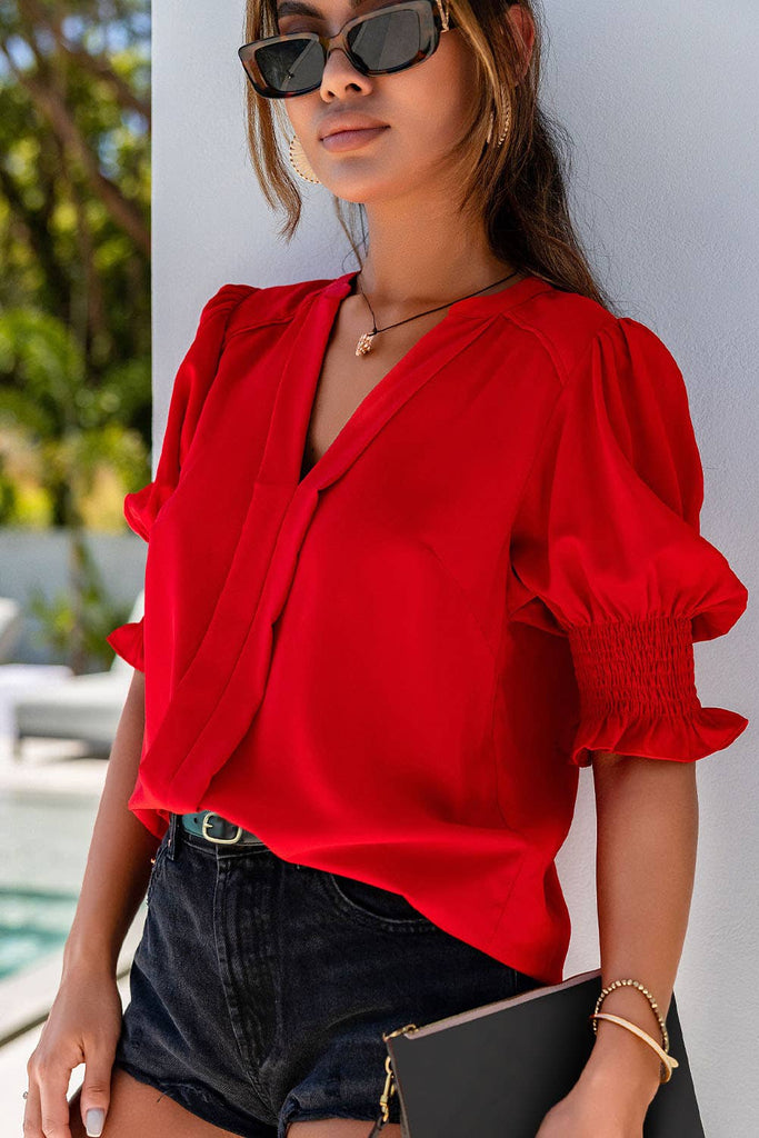 Solid Color Half Sleeve V Neck Blouse: Black / Red