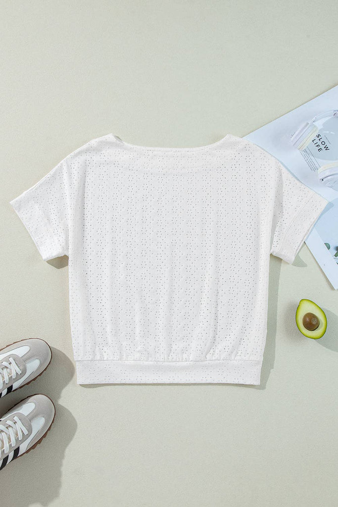 Eyelet Knit Boat Neck Tee: White / M