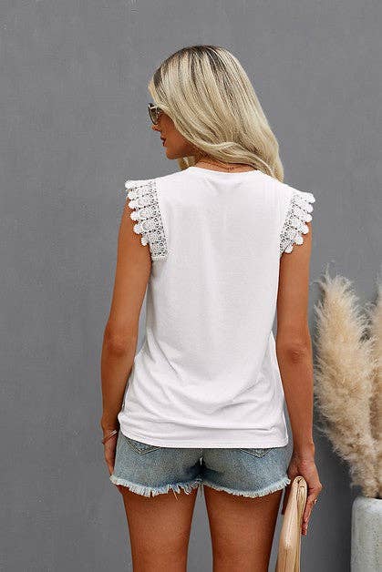 Round Neck Hollow Shoulder Deco Top: WHITE / L