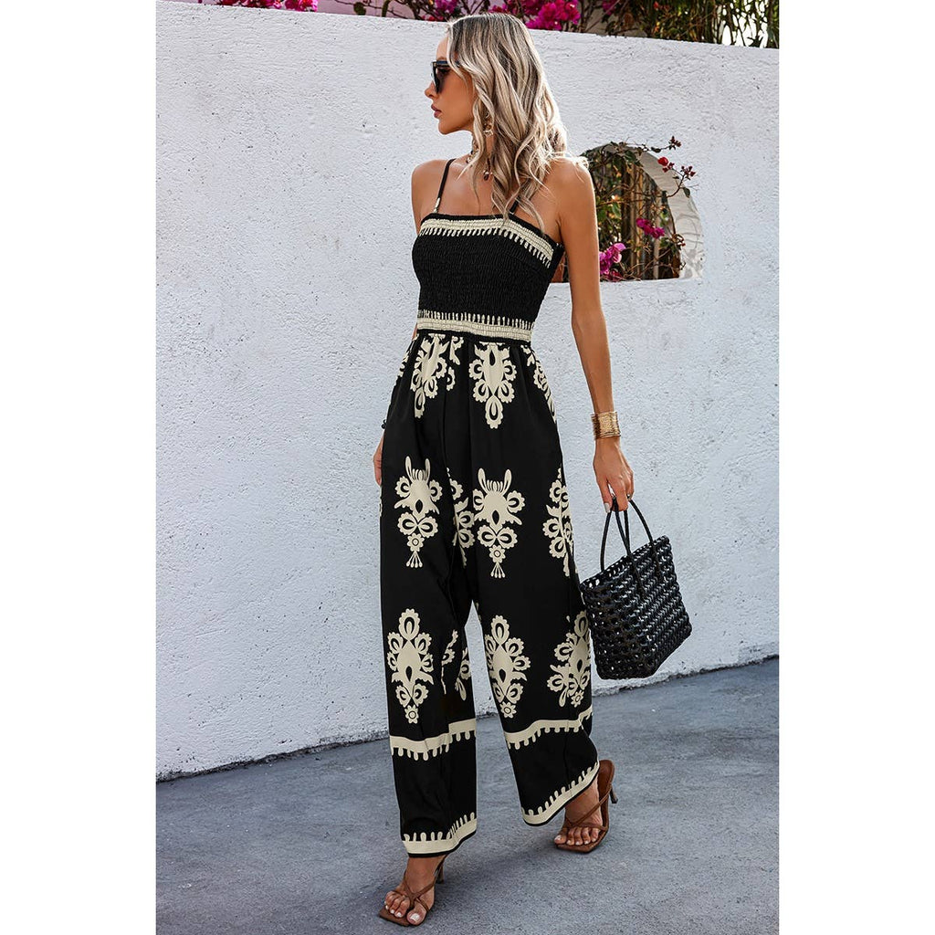 Off Shoulder Ruched Printed High Waist Jumpsuit: BLACK / S