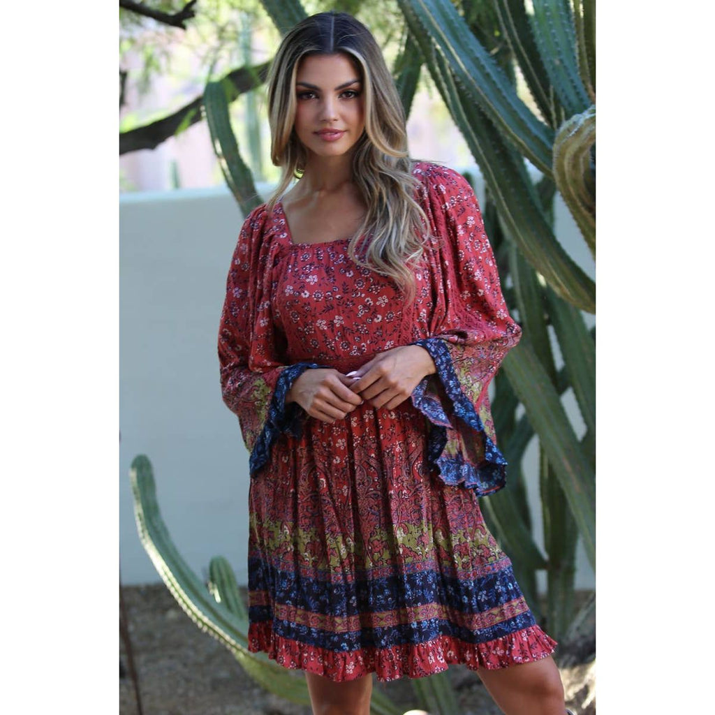 Boho WIDE BELL SLEEVE DRESS WITH CROCHET LACE TRIM ~ Now 30% off